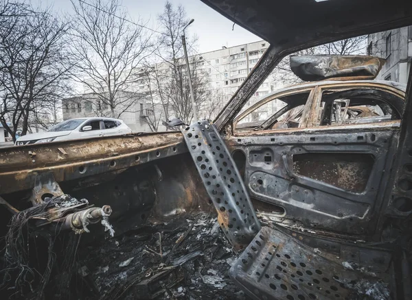 Burnt Melted Car Rocket Artillery Shelling Residential Area Ukraine Military — стокове фото