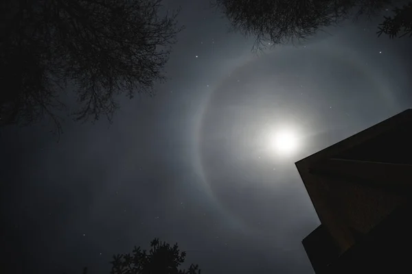 The lunar disk and halo are due to diamond dust in the atmosphere, a rare phenomenon of the lunar halo aura in the night sky