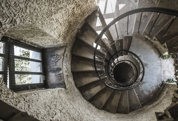 Old spiral staircase in an ancient castle with old metal structures and low lighting, in an ancient castle from old times