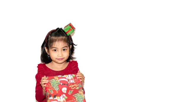 Frohes Fröhliches Kleines Mädchen Mit Geschenkbox Einem Banner Schenken Und Stockbild