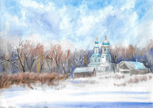 Christian church covered with a snow watercolor painting