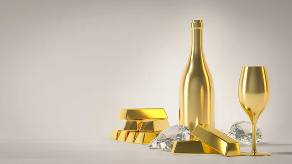 gold champagne bottle with pile of gold bars and diamonds - luxury 3d render for new year christmas and anniversaries. high class wealthy beverage bottle