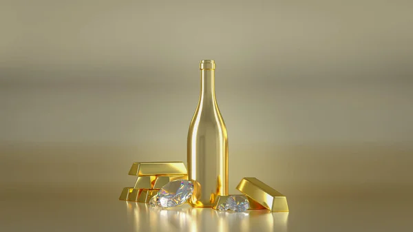 gold champagne bottle with pile of gold bars and diamonds - luxury 3d render for new year christmas and anniversaries. high class wealthy beverage bottle