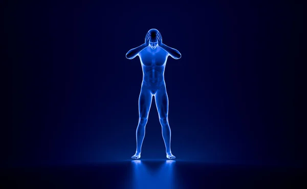 Technological human hologram of a male standing with hands holding his head with pain and stress emotion - 3d anatomy artificial intelligence illustration