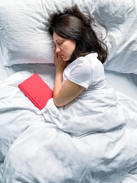 Young Millennial Candid Woman Sleeping Home White Stripped Bedsheets Red — 스톡 사진