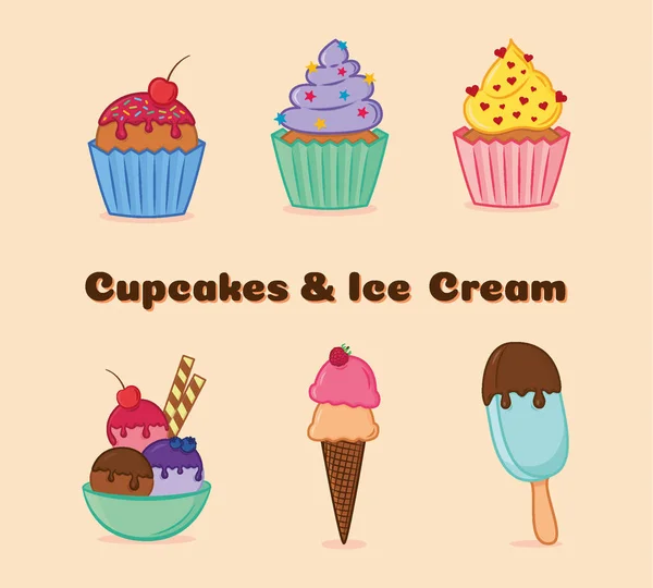 Cupcakes Ice Cream Colorful Cartoon Vector Set — Stock Vector