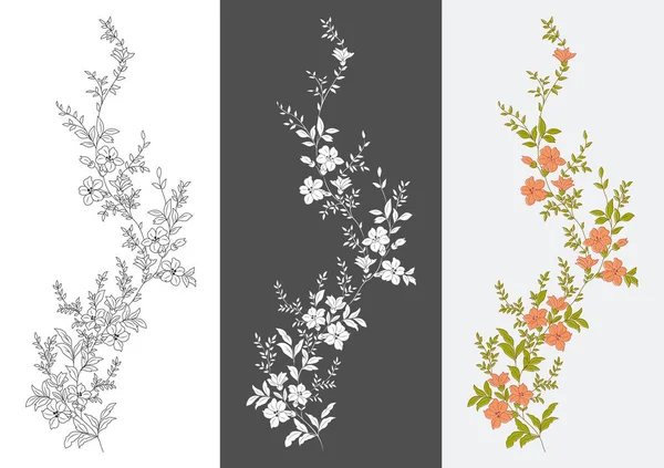 Set of floral patterns. Colorfull flowers vector design. Black and white.