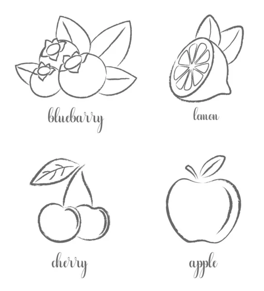 Hand Draw Frutis Set Apple Lemon Cherry Blueberry — Image vectorielle