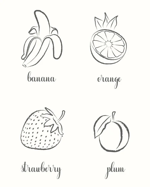 Hand Draw Frutis Set Banana Orange Strawberry Plum — Image vectorielle