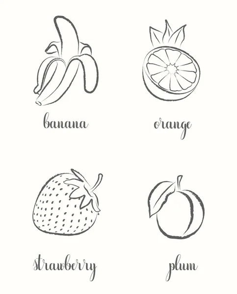 Hand draw frutis, set. Banana, Orange, Strawberry, Plum
