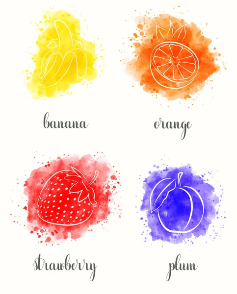 Watercolor fruits, set. Banana, Orange, Strawberry, Plum