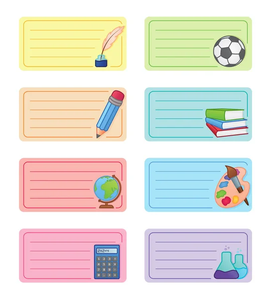 Defter etiketleri. Okul deneklerinin simgeleri. Renkli vektör tasarımı.