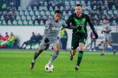 Wolfsburg, Almanya, 12 Aralık 2019: VfL Wolfsburg ile AS Saint-Etienne arasındaki UEFA Avrupa Ligi maçı sırasında Arnaud Nordin