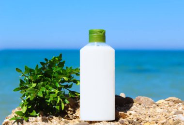 Beyaz bir losyon şişesi denizin yakınındaki taştan bir sahilde duruyor. 