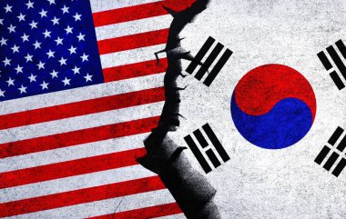 USA vs South Korea concept flags on a wall with a crack. United States of America and South Korea political conflict, war crisis, economy relationship, trade concept