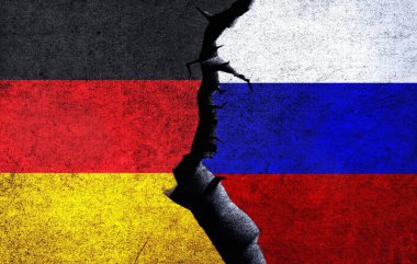 Russia vs Germany concept flags on a wall with a crack. Germany and Russia political conflict, war crisis, economy relationship, trade concept