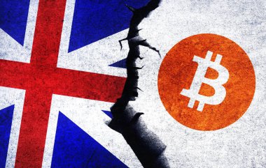 Bitcoin and United Kingdom flag on a wall with a crack.Cryptocurrency with Great Britain flag. UK Bitcoin banned, not legal, stack, illegal, blockchain technology for crypto currency concept