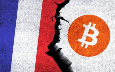Bitcoin and France flag on a wall with a crack. France Bitcoin banned, not legal, stack, illegal, blockchain technology for crypto currency concept