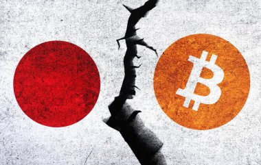 Bitcoin and Japan flag on a wall with a crack. Japan Bitcoin banned, not legal, stuck, illegal, blockchain technology for crypto currency concept
