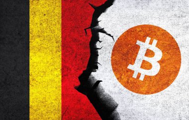 Bitcoin and Belgium flag on a wall with a crack. Belgium Bitcoin banned, not legal, stack, illegal, blockchain technology for crypto currency concept