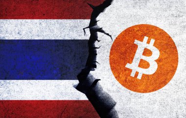 Bitcoin and Thailand flag on a wall with a crack. Thailand Bitcoin banned, not legal, stack, illegal, blockchain technology for crypto currency concept