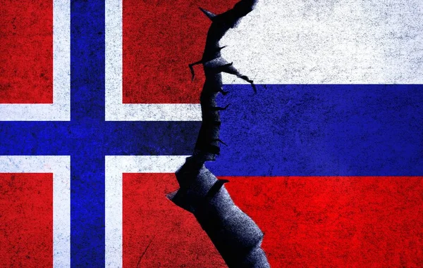 Russia vs Norway concept flags on a wall with a crack. Norway and Russia political conflict, war crisis, economy relationship, trade concept