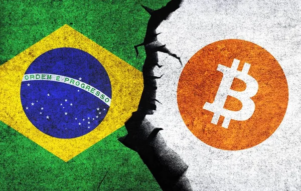 Bitcoin and Brazil flag on a wall with a crack. Brazil Bitcoin banned, not legal, stack, illegal, blockchain technology for crypto currency concept