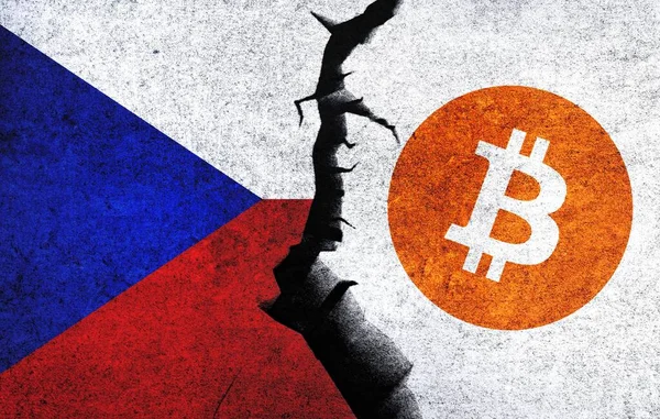 Bitcoin and Czech Republic flag on a wall with a crack. Czech Republic Bitcoin banned, not legal, stack, illegal, blockchain technology for crypto currency concept