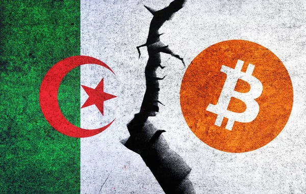 Bitcoin and Algeria flag on a wall with a crack. Algeria Bitcoin banned, not legal, stack, illegal, blockchain technology for crypto currency concept