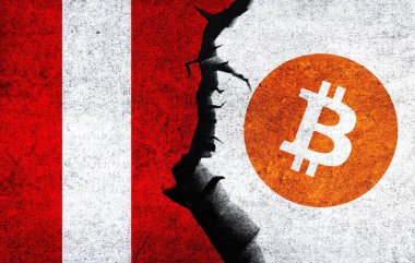 Bitcoin and Peru flag on a wall with a crack. Peru Bitcoin banned, not legal, stack, illegal, blockchain technology for crypto currency concept