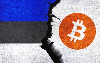 Bitcoin and Estonia flag on a wall with a crack. Estonia Bitcoin banned, not legal, stack, illegal, blockchain technology for crypto currency concept