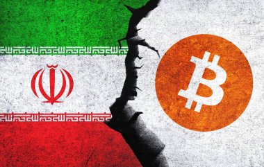 Bitcoin and Iran flag on a wall with a crack. Iran Bitcoin banned, not legal, stack, illegal, blockchain technology for crypto currency concept