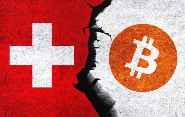 Bitcoin and Switzerland flag on a wall with a crack. Switzerland Bitcoin banned, not legal, stack, illegal, blockchain technology for crypto currency concept