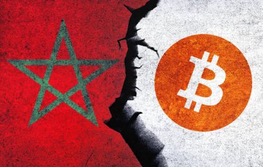 Bitcoin and Belarus flag on a wall with a crack. Cryptocurrency with Belarus flag. Belarus Bitcoin banned, not legal, stack, illegal, blockchain technology for crypto currency concept