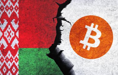 Bitcoin and Belarus flag on a wall with a crack. Cryptocurrency with Belarus flag. Belarus Bitcoin banned, not legal, stack, illegal, blockchain technology for crypto currency concept
