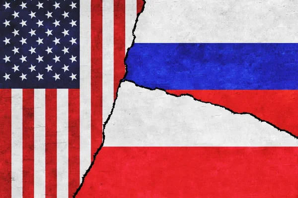 Usa Russia Poland Painted Flags Wall Crack United States America — Fotografia de Stock