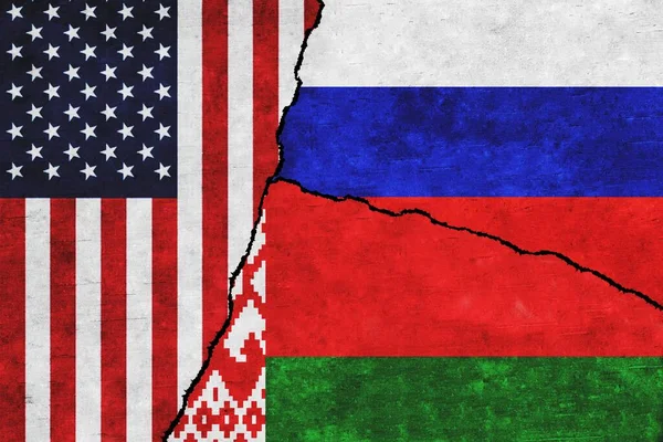 Usa Russia Belarus Painted Flags Wall Crack United States America — Fotografia de Stock