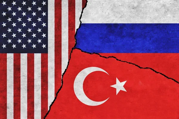 Usa Russia Turkey Painted Flags Wall Crack United States America — 스톡 사진