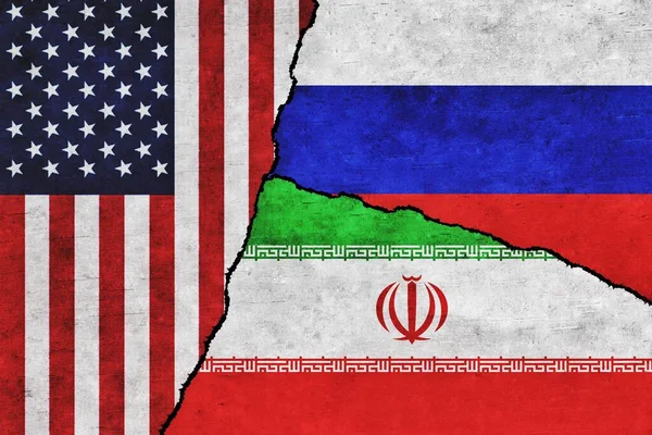Usa Russia Iran Painted Flags Wall Crack United States America — Stockfoto