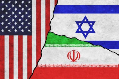 USA, Israel and Iran painted flags on a wall with a crack. United States of America, Israel and Iran relations