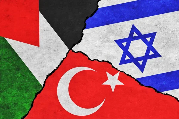 Turkey Israel Palestine Painted Flags Wall Crack Turkey Palestine Israel — Stockfoto