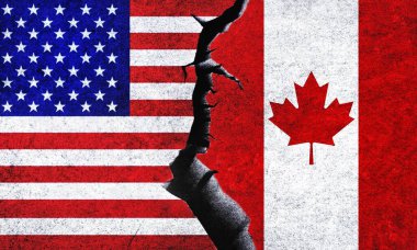 ABD, Kanada bayraklarına karşı çatlaklı bir duvarda. Kanada ve Amerika Birleşik Devletleri siyasi çatışma, savaş krizi, ekonomi, ilişki, ticaret kavramı