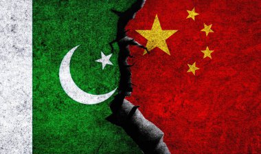 Pakistan vs China flags on a wall with crack. China Pakistan relation. Pakistan China conflict, war crisis, economy, relationship, trade concept