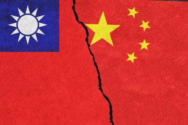China and Taiwan painted flags on a wall with a crack. China and Taiwan conflict. Taiwan and China flags together. China vs Taiwan