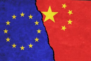 China and European Union painted flags on a wall with a crack. China and European Union conflict. EU and China flags together. China vs EU