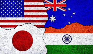 Dörtlü üyeler ABD, Japonya, Hindistan ve Avustralya birlikte bayraklar. Dörtlü Güvenlik Diyalogu üyeleri. Japonya ABD Avustralya Hindistan