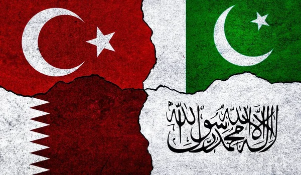 Flaggor Från Talibanerna Pakistan Turkiet Och Qatar Vägg Afghanistan Pakistan — Stockfoto