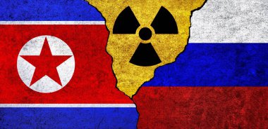 Kuzey Kore, Rusya ve radyasyon sembolleri bir arada. Rusya ve Kuzey Kore Nükleer Anlaşması, tehdit, anlaşma, gerginlik kavramı