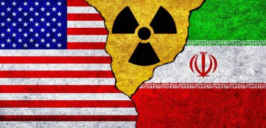 ABD, İran ve radyasyon sembolleri bir arada. Amerika Birleşik Devletleri ve İran Nükleer Anlaşması, tehdit, anlaşma, gerginlik kavramı