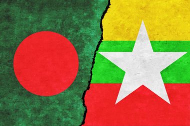 Myanmar ve Bangladeş bayrakları birlikte. Bangladeş ve Myanmar ilişkileri, çatışma, savaş krizi, ekonomi konsepti. Myanmar Bangladeş 'e Karşı